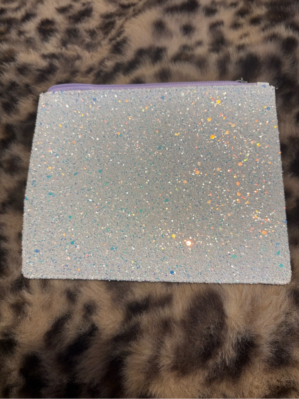 NEW Clinique Glitter Zip Pouch Makeup Bag– Iridescent Silver with Purple Trim